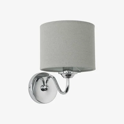 The Range Modern Chrome Curved Arm Wall Light Fitting With Grey Linen Drum Shade - Silver