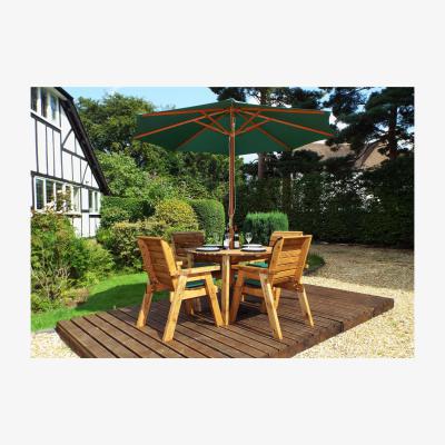 Dunelm Charles Taylor 4 Seater Wooden Round Dining Set with Green Seat Pads and Parasol Brown