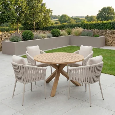 Furniture123 4 Seater Real Teak Round Garden Dining Set with Beige Rope Chairs