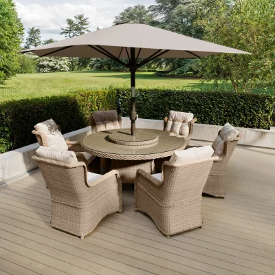 Furniture123 Beige 6 Seater Round Rattan Garden Dining Set with Lazy Susan Built-in Ice Bucket and Parasol