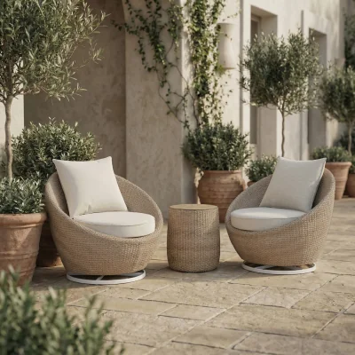Furniture123 2 Seater Beige Rattan Round Bistro Set with Swivel Chairs and Table