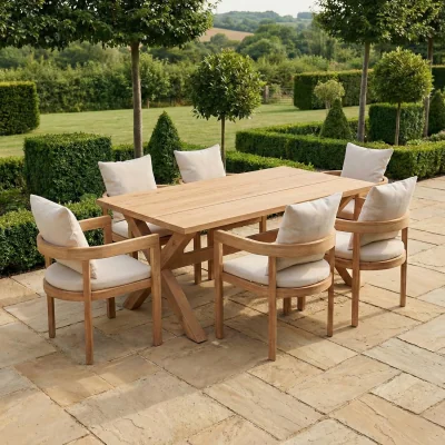 Furniture123 6 Seater Real Teak Garden Dining Set with Beige Chairs