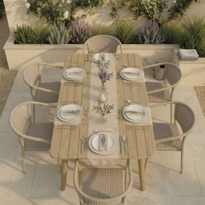 Furniture123 6 Seater Wood Effect Garden Dining Set with Rattan Chairs