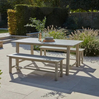 Gardenesque Repton Classic Picnic Garden Furniture Set | 2 Benches L142cm X W37cm X H45cm | Eucalyptus Wood | Teak Whitewash Finish | All Weather | Gardenesque