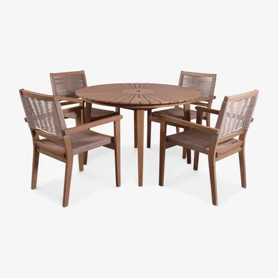 John Lewis Royalcraft Roma 4-Seater Round Garden Dining Table & Rope Stacking Garden Chairs, FSC-Certified (Acacia Wood), Natural