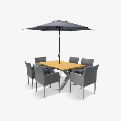 John Lewis LG Outdoor Siena 6-Seat Wood-Effect Garden Dining Table & Armchairs Set with Parasol, Grey