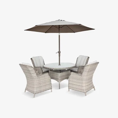 John Lewis LG Outdoor Lyon 4-Seater Round Garden Dining Table & Chairs Set with Parasol, Natural