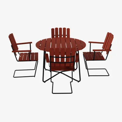 Nordic Nest Grythyttan Stålmöbler 9A dining table Ø100 cm + 4 A2 armchairs Dark stained oak-black frame