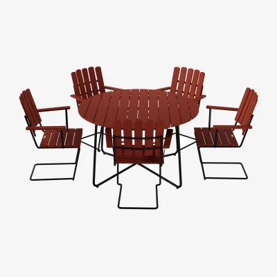 Nordic Nest Grythyttan Stålmöbler 9A dining table Ø120 cm + 5 A2 armchairs dark red oak-black frame