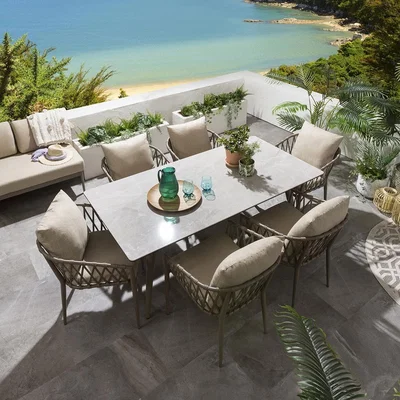 Quatropi Modern Garden Table And Chairs Beige Dining Set | 6-Seater Ceramic Table