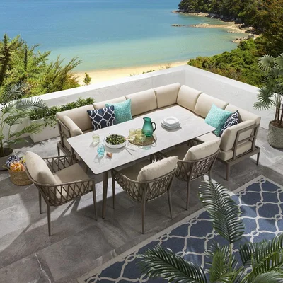 Quatropi Garden Table And Chairs | 8 Seat Beige Aluminium & Ceramic
