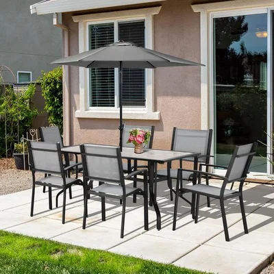 The Range 7 Piece Garden Dining Set Armchairs and Table with Parasol Hole - Grey
