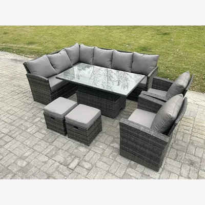 The Range Fimous Outdoor PE Rattan Garden Dining Set with Rising Table Dark Grey Mixed - Dark Grey Mixed