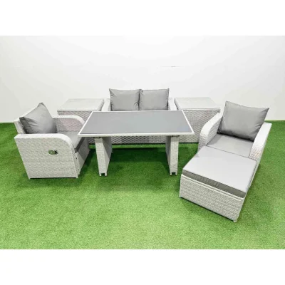 The Range Fimous Outdoor PE Rattan 5-Seater Patio Dining Set with Recliners - Light grey rattan + dark grey fabric