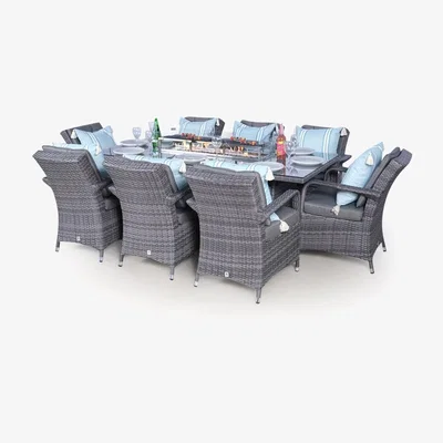 The Range Arizona Fire Pit 8 Seater Rectangle Rattan Dining Set - Grey