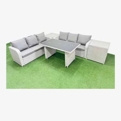 The Range Fimous 6-Seater Rattan Outdoor Dining Set with Two 3-Seater Sofas and Tempered Glass Table. - Light Grey