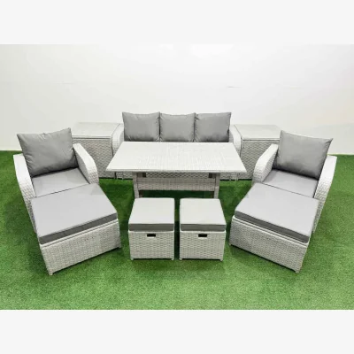 The Range Fimous PE Rattan 9-Seater Outdoor Lounge & Dining Set with Tempered Glass Table, Light Grey. - Light Grey