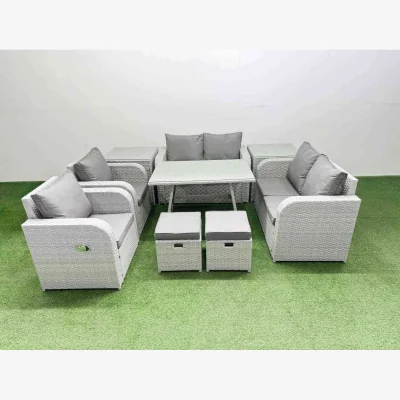 The Range Fimous 8 Seater PE Rattan Garden Furniture Set with Rectangular Dining Table Light Grey - Light grey rattan + dark grey fabric