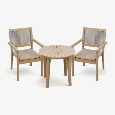 The Range Roma 3 Piece Round Sunray Bistro Set - Natural Wood / 2 stylish Roma Rope Stacking Chairs