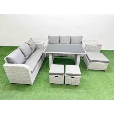 The Range Fimous 9-Seater Rattan Outdoor Dining Set with 3-Seater Sofas, 2 Side Tables and 3 Stools. - Light grey PE rattan with dark grey fabric