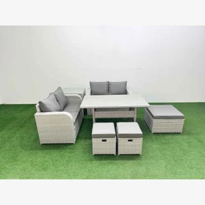 The Range Fimous 7-Seater Light Grey PE Rattan Garden Set with Dining Table - Light grey PE rattan with dark grey fabric
