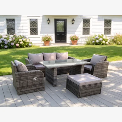 The Range Rattan Garden Furniture Set  Rectangular Dining Black Glass Table - Dark Grey Mixed