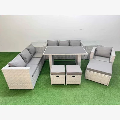 The Range Fimous Outdoor Rattan Dining & Seating Set with Black Glass Table - Light grey mixed rattan with dark grey fabric