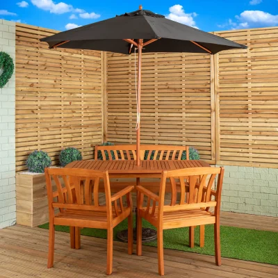 The Range 4 Person Garden Table Chairs, Bench with Black Parasol and Base - Black