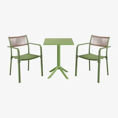 The Range 3 Piece Square Garden Bistro Set, Pair of Rope Back Armchairs, Plastic Table - Moss Green