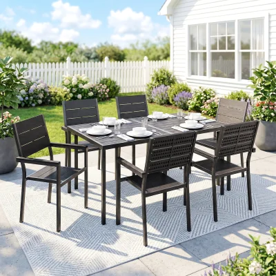 The Range Outsunny Outdoor Dining Set for 6 with Slatted Tabletop - Black