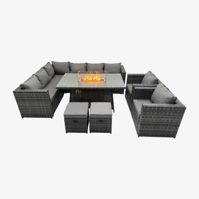 The Range Fimous 10-Seater Rattan Garden Dining Set with Gas Firepit Table, Dark Grey Mixed. - Dark Grey Mixed