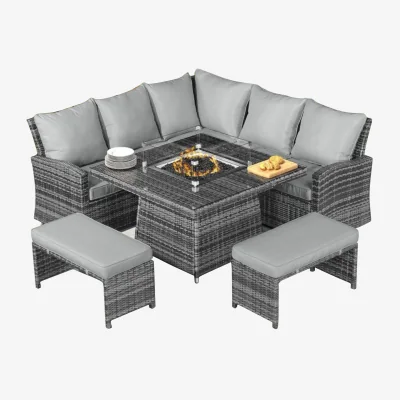 The Range Abrihome 7 Seater Rattan Garden Furniture with Fire Pit Table Set - Grey