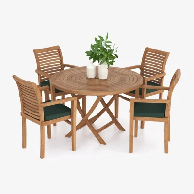 The Range Fiji Teak Garden Dining Table and 4 Seat Chair Set - Teak / Green