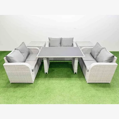 The Range Fimous 6-Seater Light Grey PE Rattan Patio Set with Black Tempered Glass Table. - Light grey rattan + dark grey fabric