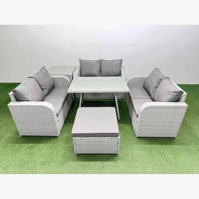 The Range Fimous 7-Seater Rattan Garden Dining Set with Rectangular Table & Love Sofa - Light grey rattan + dark grey fabric