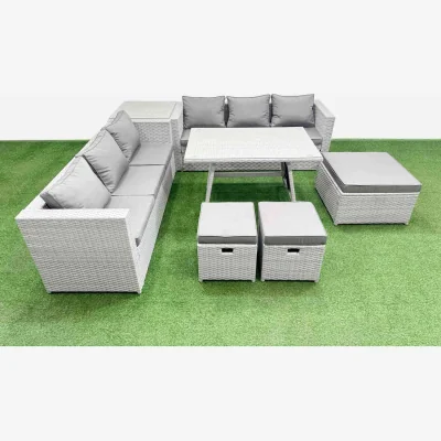 The Range Fimous Rattan 9-Seater Garden Dining Set with Rectangular Table Light Grey - Light grey mixed rattan with dark grey fabric