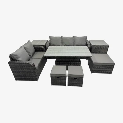 The Range Fimous 8-Seater Rattan Patio Set with Adjustable Rising Table - Dark Grey Mixed