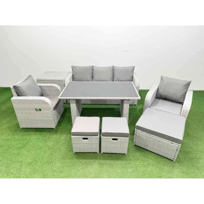 The Range Fimous 8-Seater Outdoor Rattan Dining Set with Reclining Chairs. - Light grey rattan + dark grey fabric
