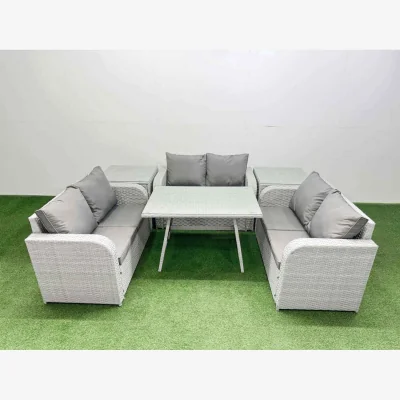 The Range Fimous Rattan Garden Furniture 6-Seater Dining Set with Love Sofa and 2 Side Tables - Light grey rattan + dark grey fabric