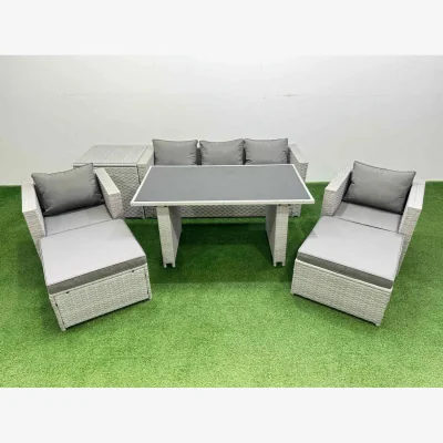 The Range Fimous Light Grey 8-Seater Outdoor PE Rattan Furniture Set with Tempered Glass Table. - Light grey mixed rattan with dark grey fabric