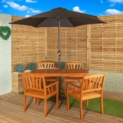 The Range 4 Person Wooden Garden Dining Table Chairs Black Parasol and Base Set - Black