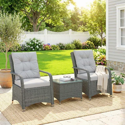 The Range Outsunny 3 Pieces Rattan Bistro Set, Wicker Garden Furniture Set - Light Grey