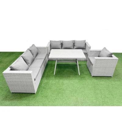 The Range Fimous Outdoor 7-Seater Rattan Garden Dining Set with 3-Seater Sofa and Armchairs - Light Grey Mixed