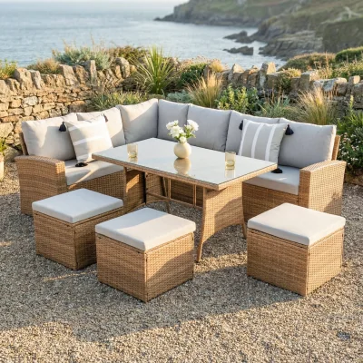 The Range Pelias Rattan 8 Seater Corner Outdoor Sofa Dining Set - Brown