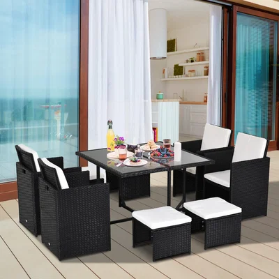 The Range 9PC Rattan Garden Furniture Outdoor Patio Dining Table Set - Black