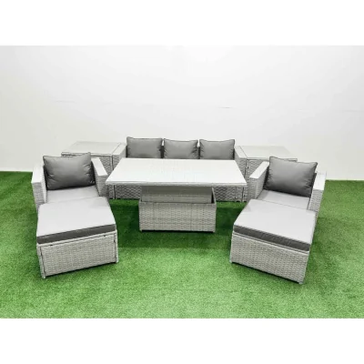 The Range Fimous 8-Piece Rising Dining Rattan Furniture Set, Light Grey - Light grey mixed rattan with dark grey fabric