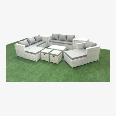 The Range Fimous 10-Piece Rattan Garden Furniture Set with Tempered Glass Table Light Grey Mix - Light grey with dark grey fabric