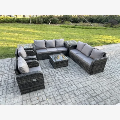 The Range Fimous 8-Seater High-Back Rattan Garden Furniture Set with Tempered Glass Tables, Dark Grey Mixed. - Dark Grey Mixed