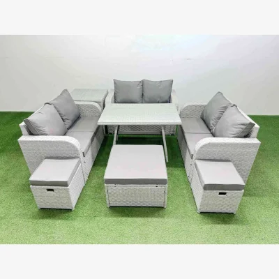 The Range Fimous 9-Seater Rattan Garden Dining Set with Reclining Armchairs - Light grey rattan with dark grey fabric