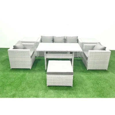 The Range Fimous 6-Seater Outdoor Rattan Dining Set Light Grey Mixed - Light grey mixed rattan with dark grey fabric
